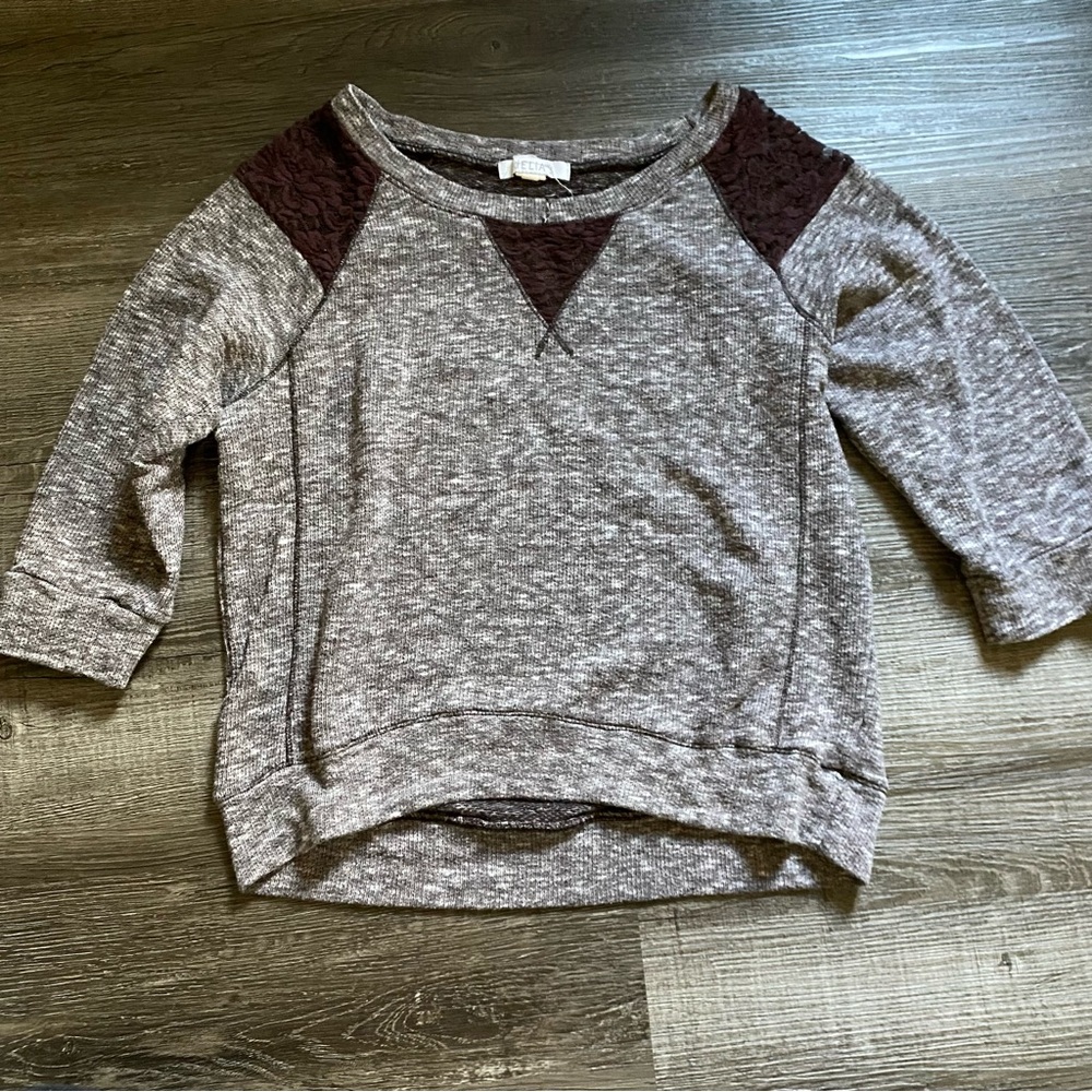 Gray and Brown Heathered Sweater with Lace Accents